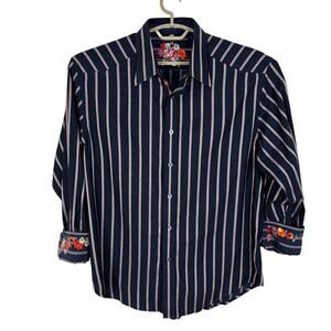 Robert Graham Flip Cuff Floral Embroidered Blue Striped Button Shirt XL cotton